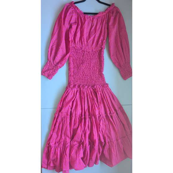 NWOT Alexis Thalssa Off The Shoulder Shirred Maxi Dress Sz M Fuchsia Dot #1H451 - Picture 3 of 12